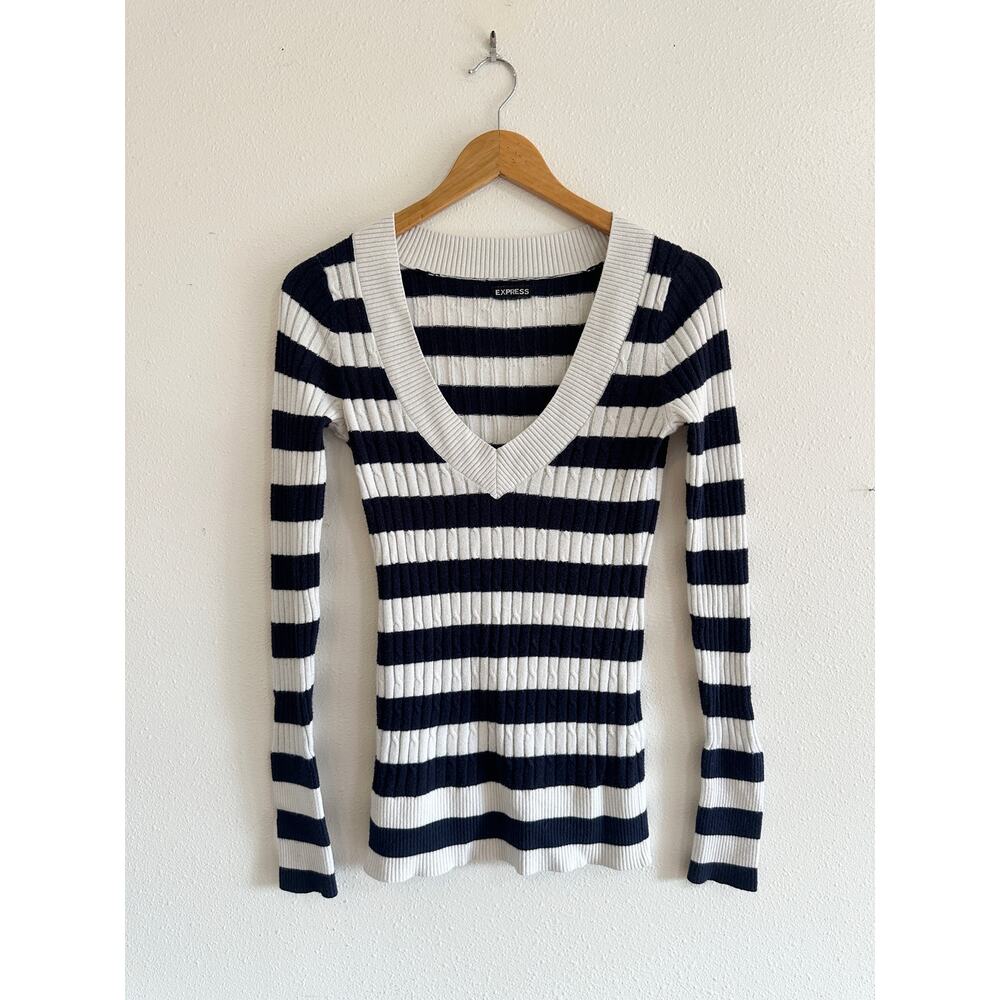Y2K Navy & White Stripe V-Neck Sweater